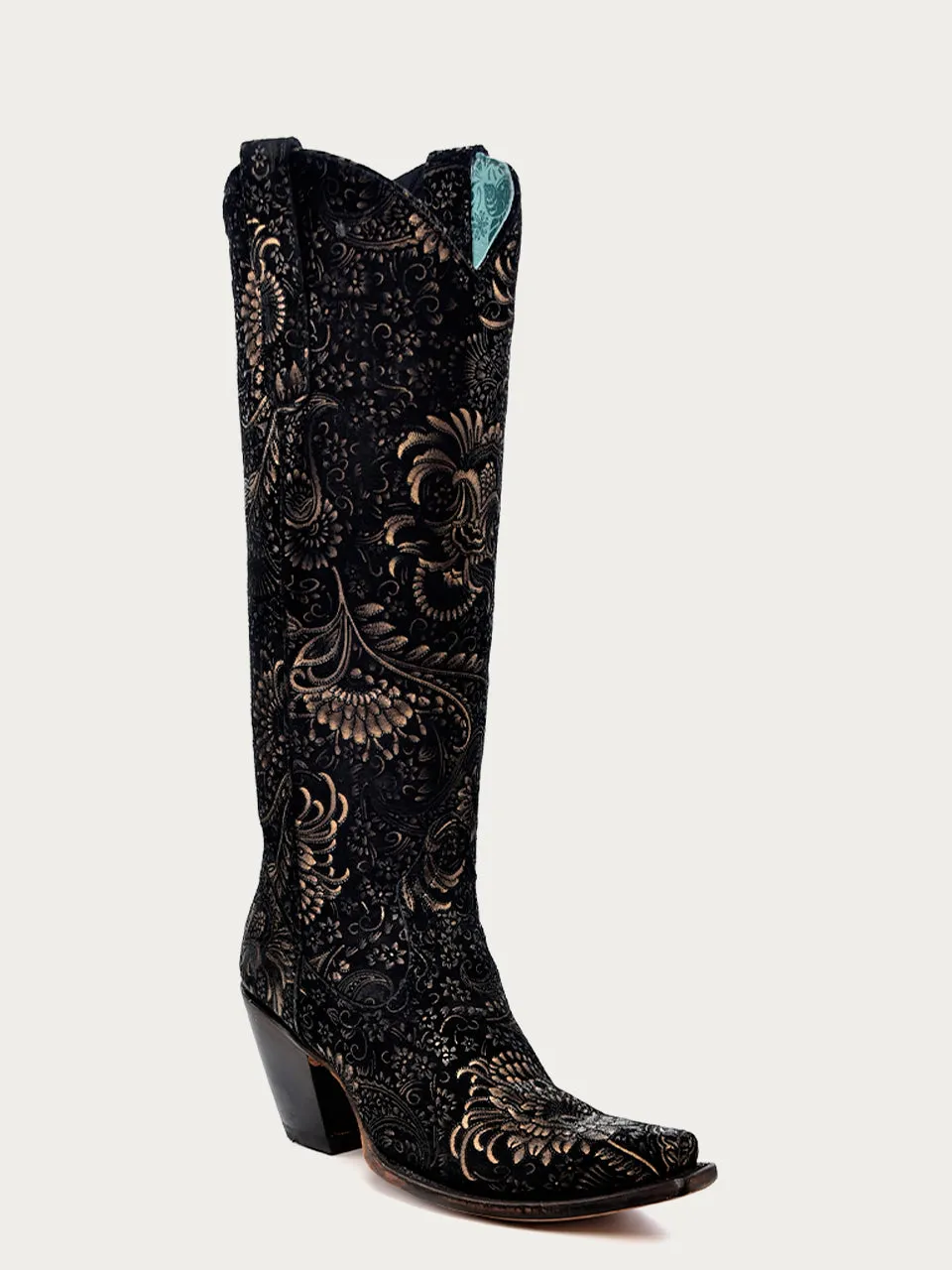 A4481 - WOMEN'S GOLD STAMPED FLORAL BLACK SUEDE SNIP TOE COWBOY BOOT