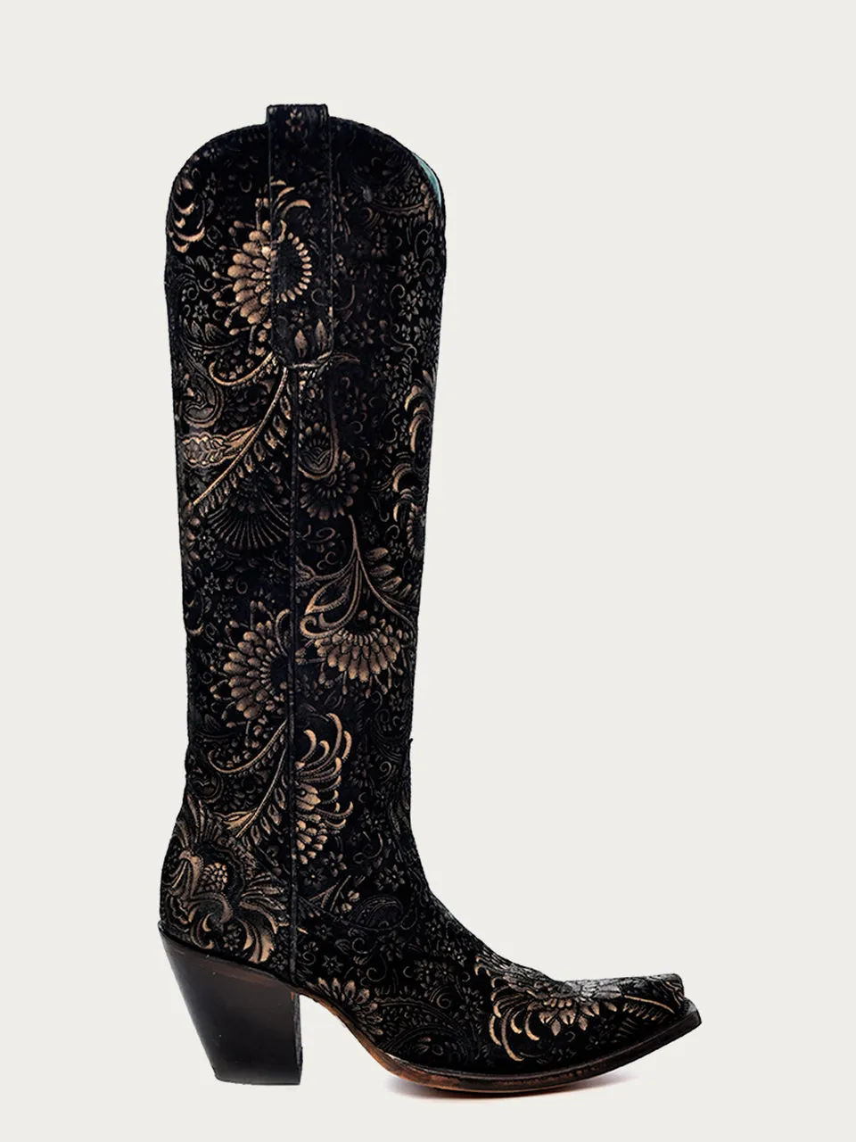 A4481 - WOMEN'S GOLD STAMPED FLORAL BLACK SUEDE SNIP TOE COWBOY BOOT