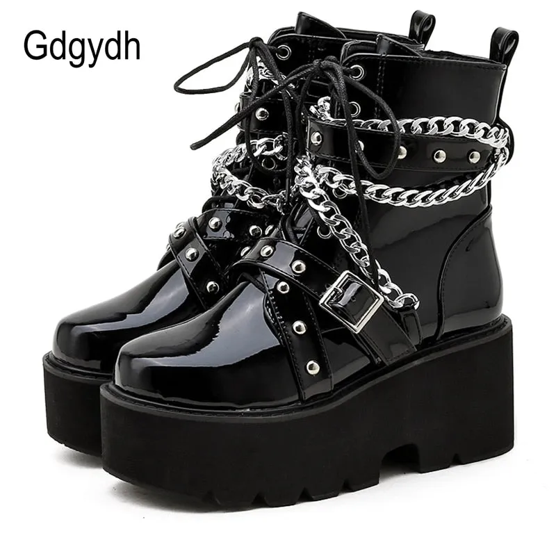 Autumn Winter Boots Women Sexy Chain Boots Ankle Buckle Strap Ankle Boots Square Heel Thick Sole Platform Rock Punk Style