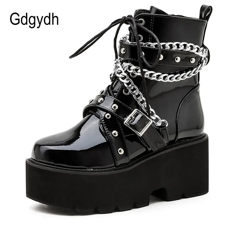 Autumn Winter Boots Women Sexy Chain Boots Ankle Buckle Strap Ankle Boots Square Heel Thick Sole Platform Rock Punk Style