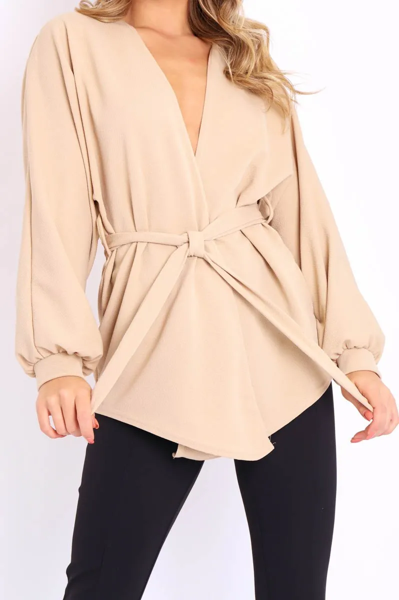 Beige Plunge Belted Blouse - Goldie