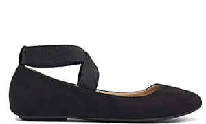 Bella Marie Dana-19 Black Pu Vegan Classic Ballerina Flats Elastic Crossing Straps