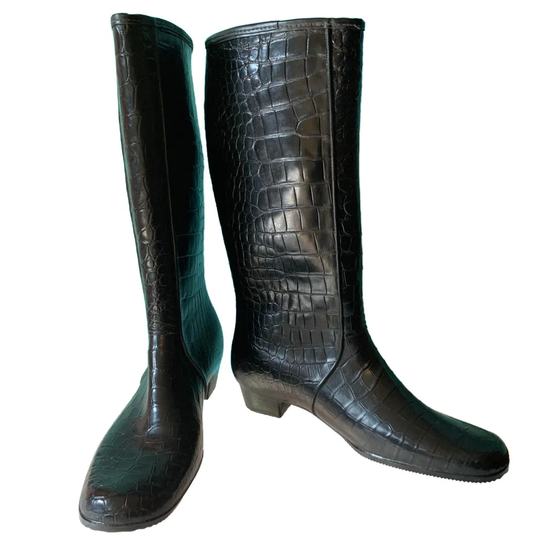 Crocodile Textured Black Rubber Rain Boots circa 1970s US 10