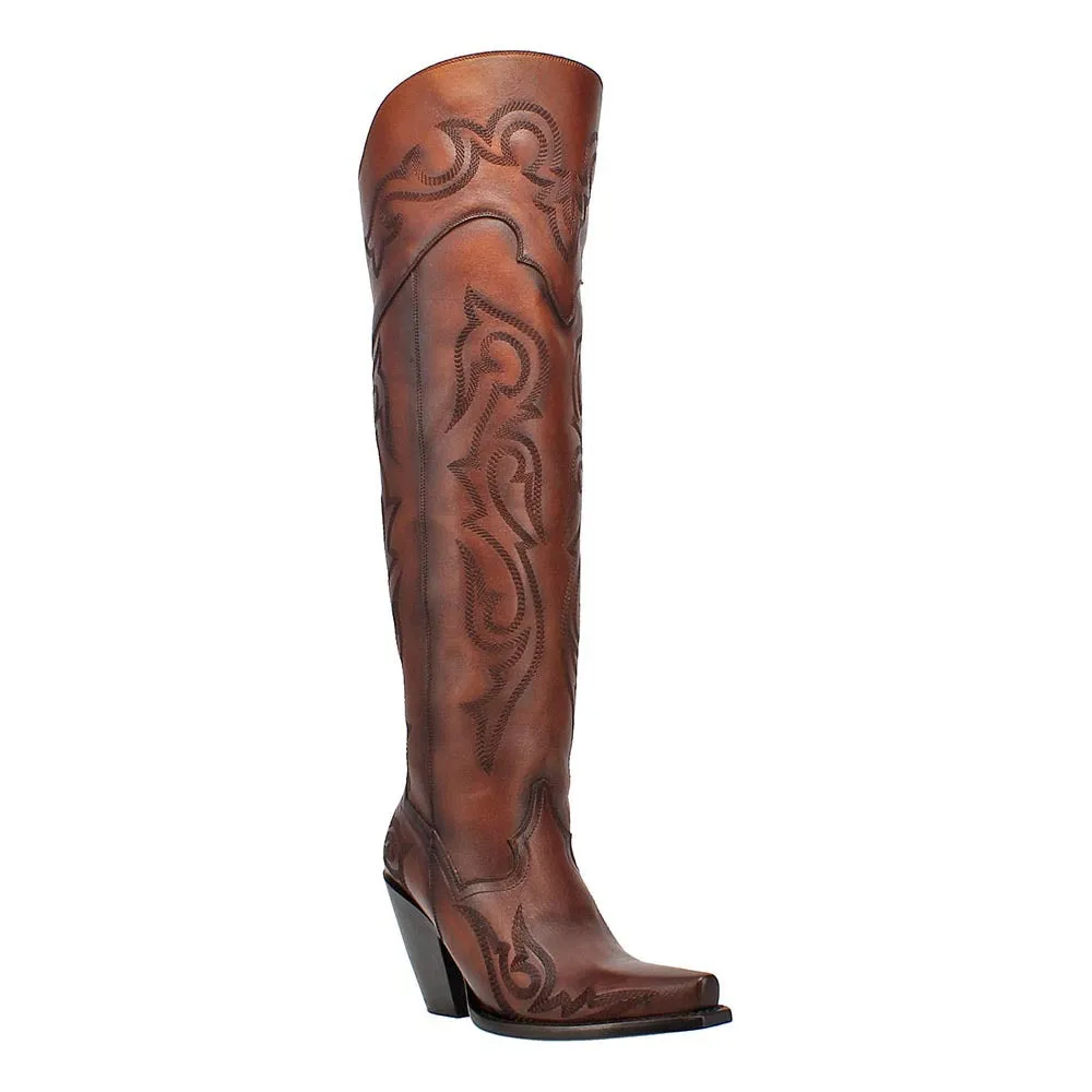 Dan Post Chestnut Seductress Leather Embroidery 20” Snip Toe Womens Boot