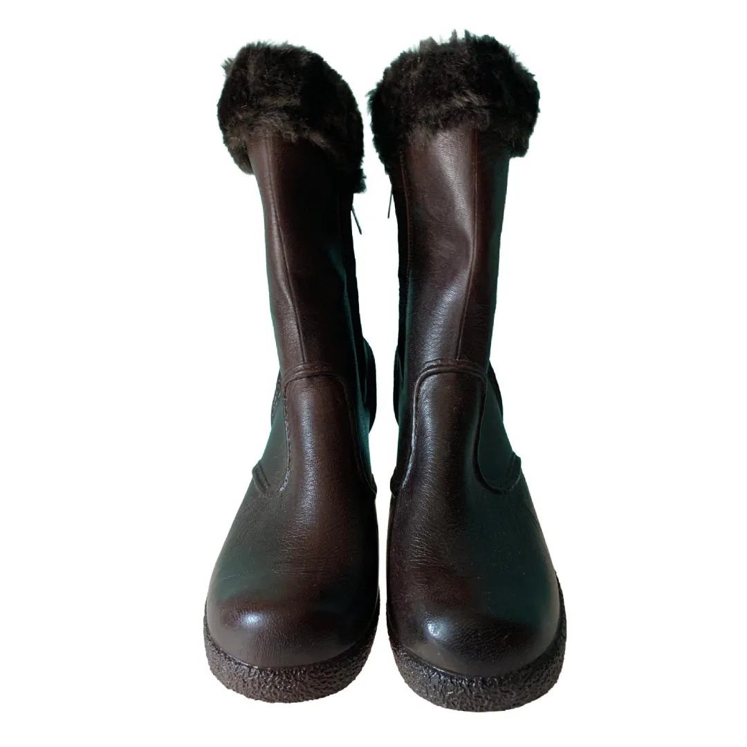 Deep Chocolate Brown Rubber Calf High Faux Fur Trimmed Rain Boots circa 1970s 6