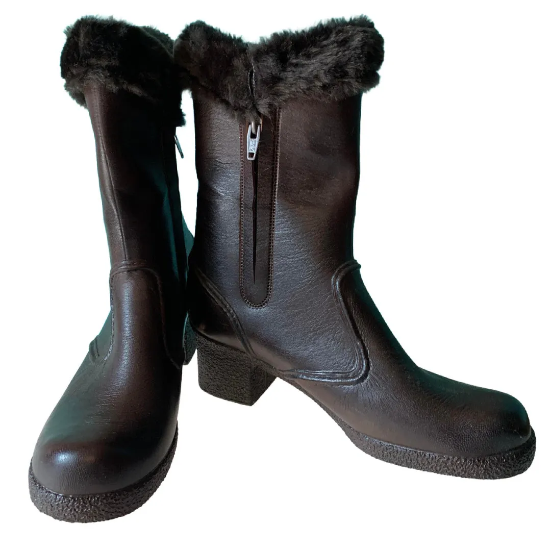 Deep Chocolate Brown Rubber Calf High Faux Fur Trimmed Rain Boots circa 1970s 6