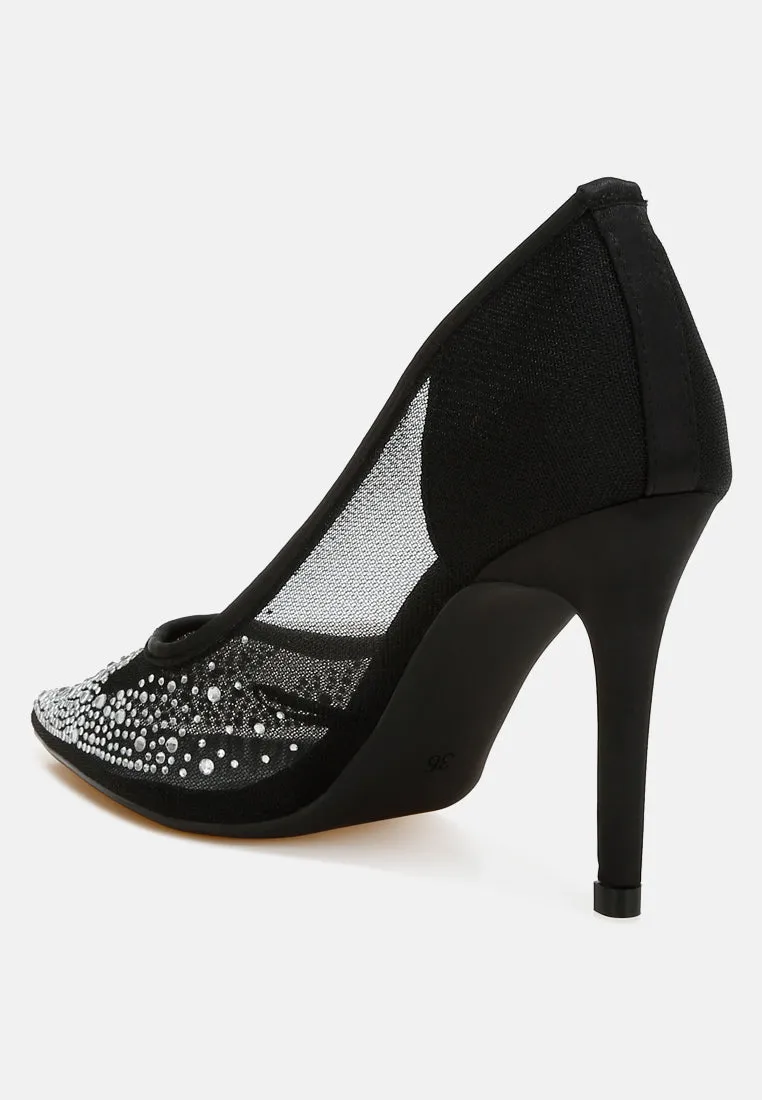 High Ball Mesh Rhinestone Stiletto Pumps