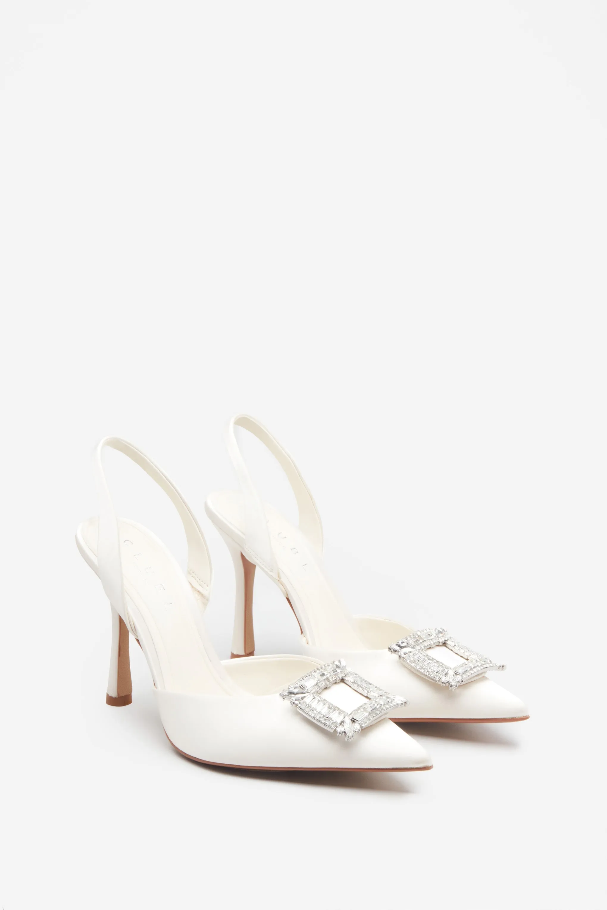 Just A Fling | Ivory Satin Sling Back Heels With Diamante Brooches