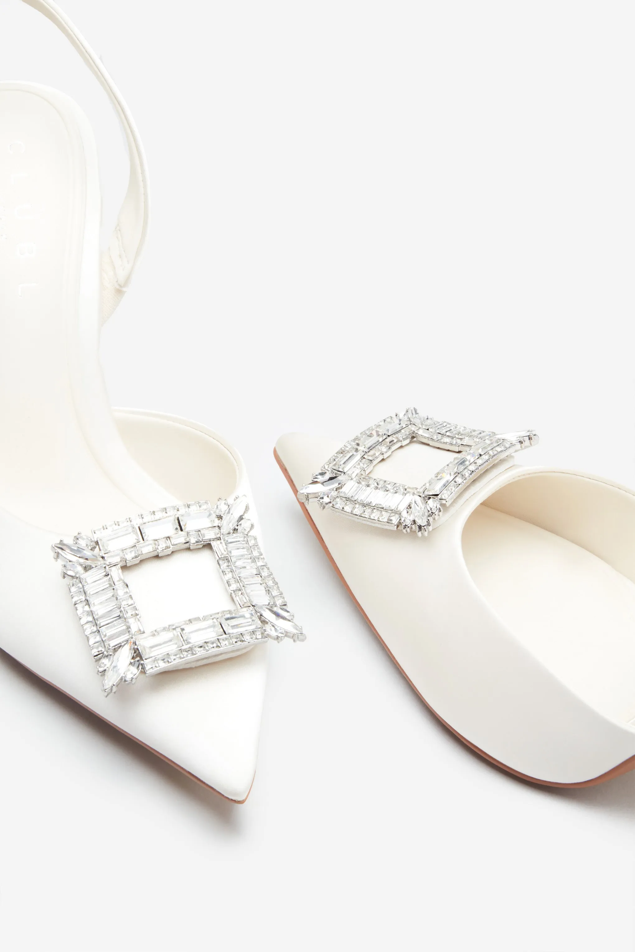 Just A Fling | Ivory Satin Sling Back Heels With Diamante Brooches