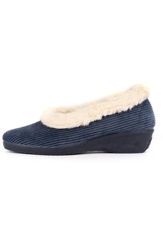 Lunar Glynis Navy Fur Trim Wedge Slipper KLA154