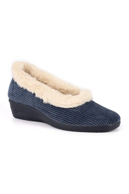 Lunar Glynis Navy Fur Trim Wedge Slipper KLA154