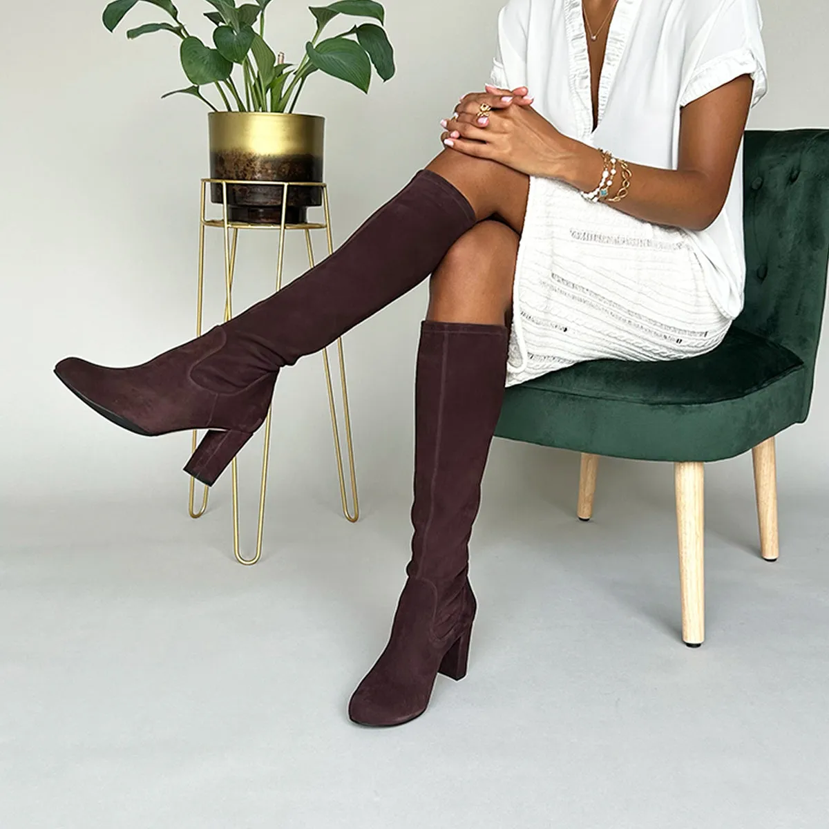 Lydia Extra-Wide Fit Knee High Boots - Brown Suede