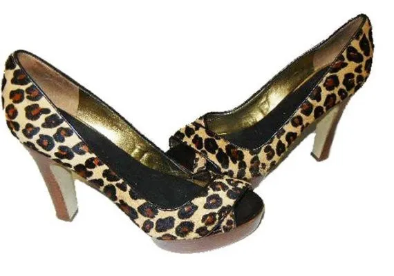 *MARC FISHER MANMADE LEOPARD PONYHAIR PLATFORM PEEPTOE HIGH HEELS