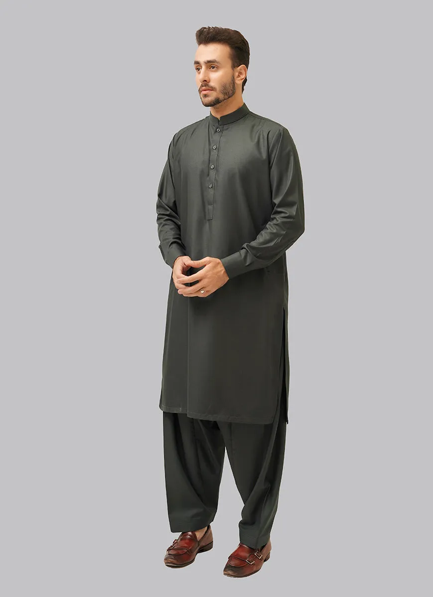 Shalwar Kameez - Zhob Pista Green Plain