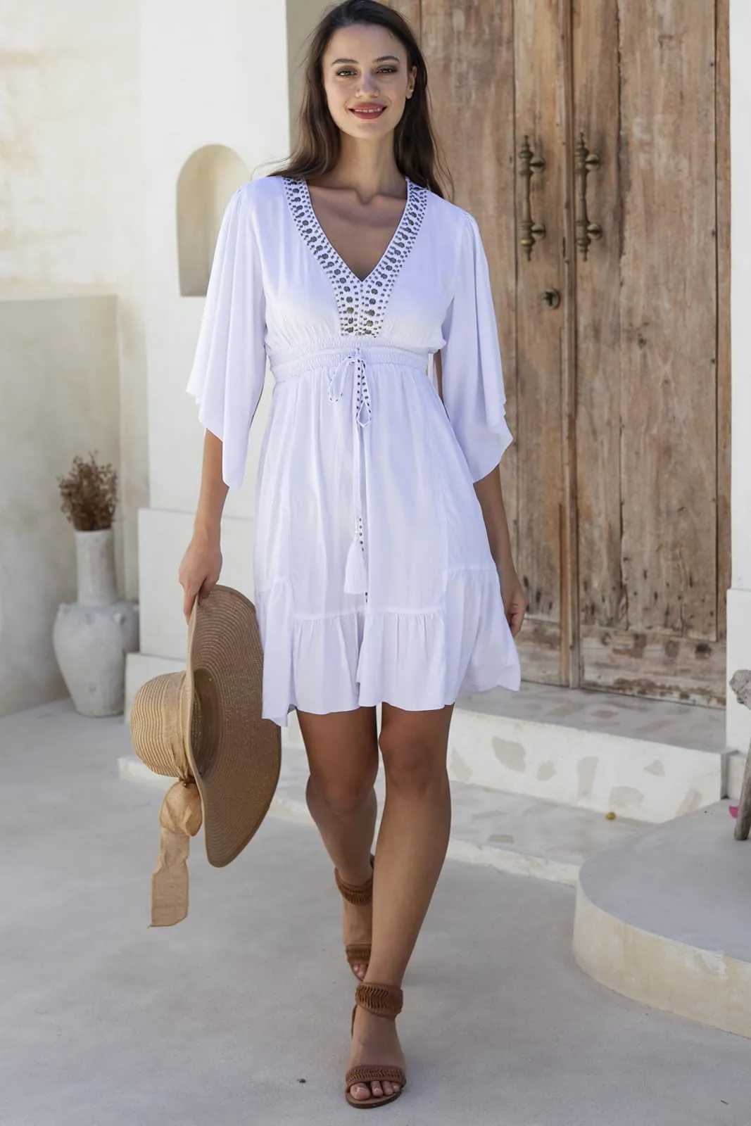 Short Beaded Deep V Neck Sundress