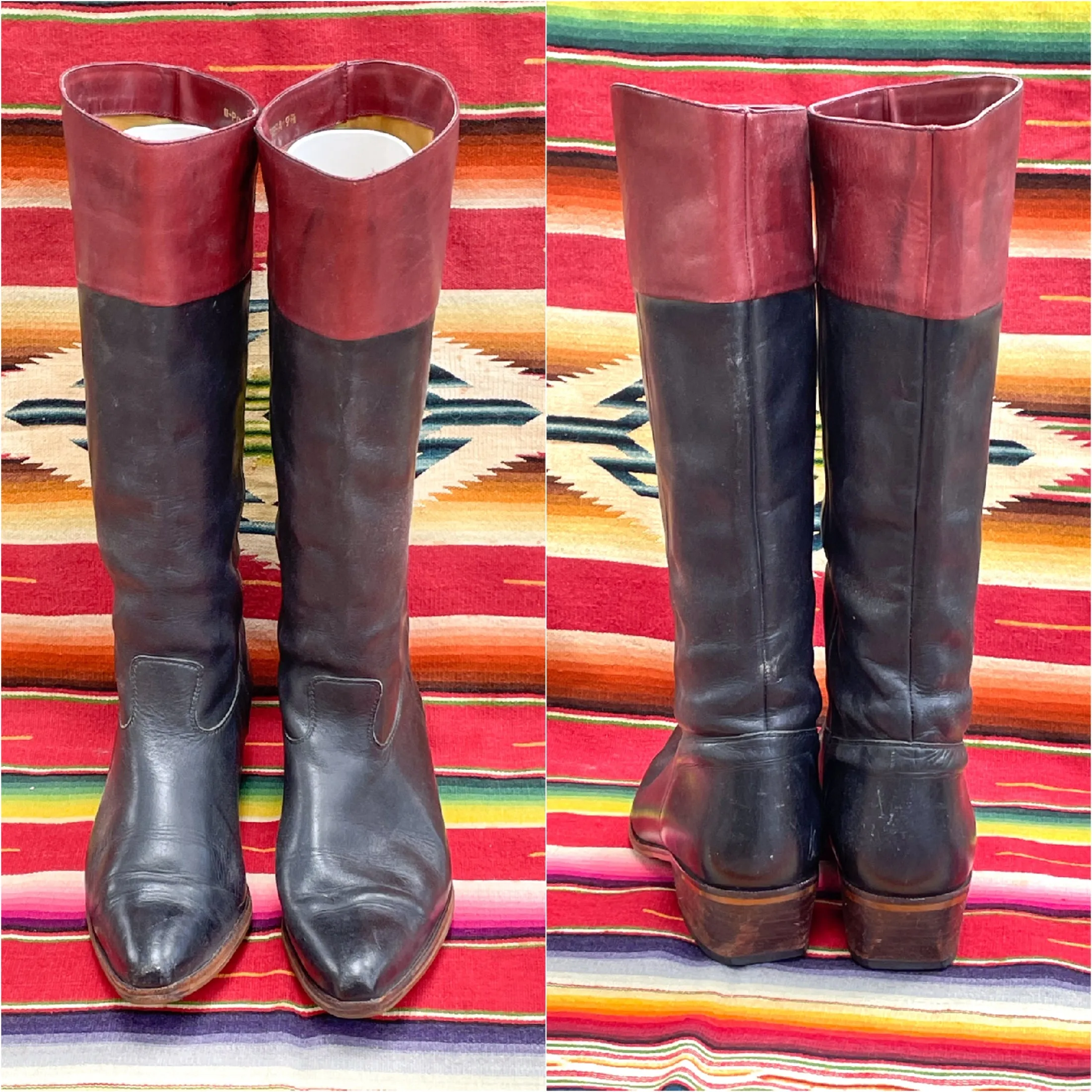 SOLD Vintage 80s Leather Black/Burgundy Leather Boots, Equestrian Style Pull On Boots 9